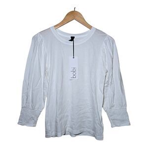 Bobi Los Angeles Women’s XS White Smocked Cuff Sleeve Tee 100% Cotton NWT